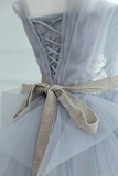 Gray Strapless Tulle Lace Long Prom Dress, A Line Evening Party Dress HZ0527