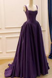Purple Satin Beaded A Line Straps Sweetheart Prom Dress, Low Back Formal Dress HZ0527