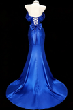 Mermaid Off Shoulder Sweep Train Satin Blue Prom Dress HZ0527