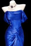Mermaid Off Shoulder Sweep Train Satin Blue Prom Dress HZ0527