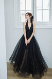 A Line V Neck Tulle Floor Length Black Prom Dress, Black Party Dress HZ0527