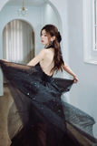 A Line V Neck Tulle Floor Length Black Prom Dress, Black Party Dress HZ0527