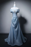 Blue Off The Shoulder Satin A Line Prom Formal Gown HZ0527