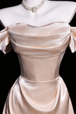 Champagne Strapless Satin Off Shoulder Prom Dress, A Line Evening Dress HZ0527