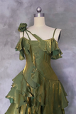 A Line Off Shoulder Silk Irregular Ruffles Green Prom Dress HZ0527