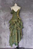 A Line Off Shoulder Silk Irregular Ruffles Green Prom Dress HZ0527