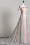 Off the Shoulder Pink Floral Gray Tulle Long Prom Dresses, Formal Graduation Dresses HZ0527