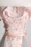 Off the Shoulder Pink Floral Gray Tulle Long Prom Dresses, Formal Graduation Dresses HZ0527