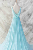 Ice Blue Simple Deep V-neck Beaded Open Back Prom Dresses HZ0527