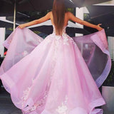 New A-Line Sweetheart Sweep Train Pink Tulle Prom Dress with Lace Appliques HZ0527