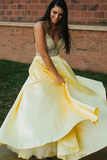 Promfast A Line Spaghetti Straps Backless Yellow Satin Prom Dress With Beading HZ0527
