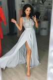 Elegant Gray Chiffon Split Long Sleeveless V Neck Prom Dresses HZ0527