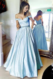 Stunning A-line Off the shoulder Sky Blue Long Prom Dress with Pocket HZ0527