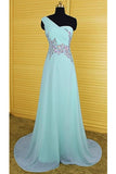 One Shoulder Light Sky Blue Long Beaded Chiffon Prom Dresses HZ0527