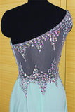 One Shoulder Light Sky Blue Long Beaded Chiffon Prom Dresses HZ0527