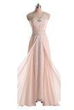 Pink Cap Sleeves Lace Long Beaded Chiffon Prom Dresses HZ0527
