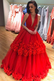 Charming Deep V Neckline Layered Tulle Red Prom Dresses Ball Gowns HZ0527