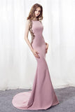 Elegant Mermaid Pink Sweep Train Bateau Long Prom Dress With Beading HZ0527