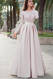 Lace Top Satin Jewel Neckline Long Sleeves A-line Prom Dress Evening Dress HZ0527