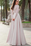 Lace Top Satin Jewel Neckline Long Sleeves A-line Prom Dress Evening Dress HZ0527
