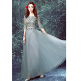 Grey Floor-length Half Sleeve Tulle Long Prom Dress,A line Evening Dress HZ0527