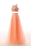 Two Pieces Orange Red Beaded Long Prom Graduation Dresses HZ0527