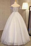 Grey Long Applique Off the Shoulder Tulle A-Line Prom Dress HZ0527