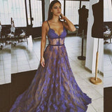 Purple Lace Spaghetti Straps Nude Lining Long Sexy Prom Dress HZ0527