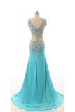 V-neck Light Sky Blue Beaded Long Prom Evening Dresses HZ0527