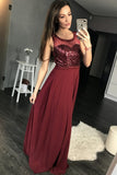 Charming Burgundy Sequins A Line Sleeveless Chiffon Long Prom Dress HZ0527