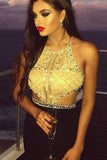 Elegant Beading A Line Chiffon Round Neck Cap Sleeves Prom Dress HZ0527