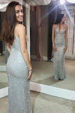 Shiny Mermaid Spaghetti Sheath Silver Long Sexy Prom Dresses HZ0527