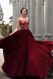 Glamorous A-Line Strapless Burgundy Long Chiffon Prom Dress With Lace HZ0527