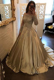Charming Satin Ball Gown Long Sleeve Lace Appliques Prom Dress HZ0527