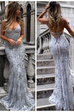 Sexy V-Neck Mermaid Sequined Lace Spaghetti Strips Backless Long Prom Dresses HZ0527