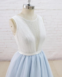 Promfast Light Blue Tulle Sheer Back A Line Round Neck Formal Prom Dress HZ0527