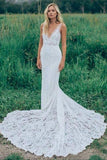Mermaid V Neck Backless White Lace Long Wedding Dresses,Beach Boho Wedding Dresses HZ0527