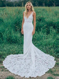 Mermaid V Neck Backless White Lace Long Wedding Dresses,Beach Boho Wedding Dresses HZ0527