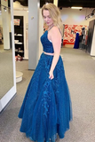 Promfast Royal Blue Sparkle Tulle Straps Appliques Two Piece Prom/Formal Dress HZ0527