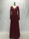 Lace Chiffon Bodice Burgundy Prom Dress,Long Simple Bridesmaid Dress with Long Sleeves HZ0527