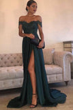 A Line Navy Green Chiffon High Split Prom Dress,Sexy Lace Top Party Gown HZ0527