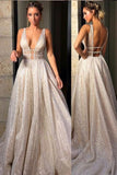 Sparkly Deep V Neck Wedding Dress Bridal Gown,Sequin Prom Dresses HZ0527