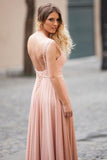 Modest Blush Pink Lace Chiffon Sleeveless Backless A-Line Long Prom Dresses HZ0527