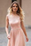 Modest Blush Pink Lace Chiffon Sleeveless Backless A-Line Long Prom Dresses HZ0527