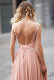 Modest Blush Pink Lace Chiffon Sleeveless Backless A-Line Long Prom Dresses HZ0527