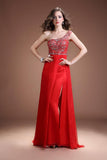 Front Split One Shoulder Red Beaded Open Back Prom Dresses HZ0527