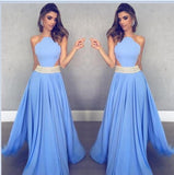 Unique Blue Chiffon Long A Line Beaded Prom Dresses HZ0527