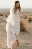 Promfast Long Sleeve Boho Appliques Ivory Beach Wedding Dress HZ0527