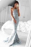 Charming Mermaid Halter Sweep Train Blue Lace Sleeveless Prom Dress HZ0527