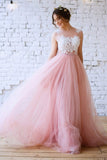New Arrival Pink Princess Tulle Floor-length Appliques Lace A Line Long Prom Dresses HZ0527